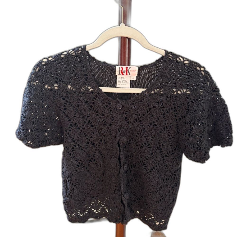 Vintage R&K Originals Black Knit Cropped Crochet Style Cardigan